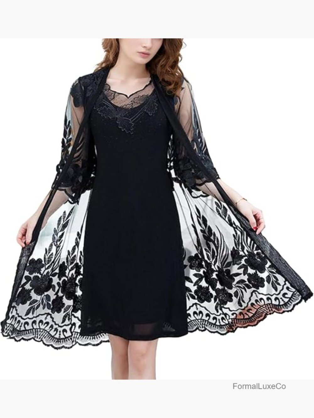 Floral Lace Cardigan 3/4 Sleeve Sheer Mid-Long Kimono Coverup